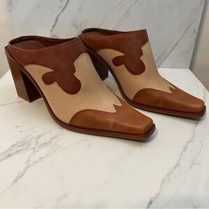 Jeffrey Campbell Two-Tone Brown & Cream Leather Western Mule Heels